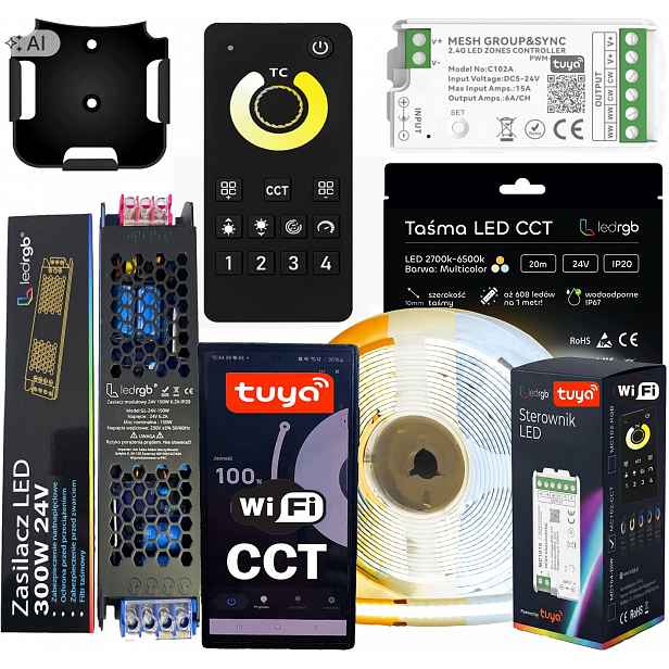 Sada Led pásků Neon Cob 24V 20 m Cct 2700K-6500K Bílá Wifi Dálkový Ovladač Napájecí Zdroj