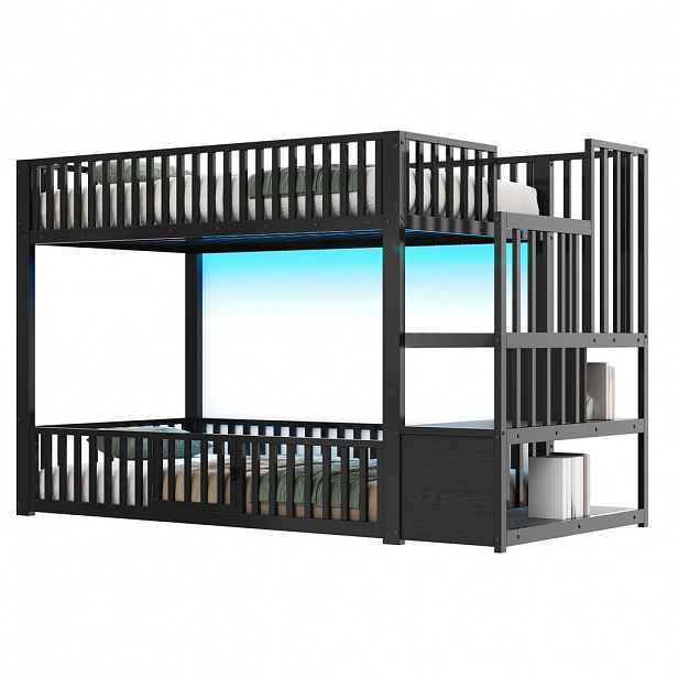 CHICFURN PATROVÁ POSTEL 90/200 cm v černé barvě s LED osvětlením a úložným žebříkem