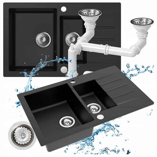 Kuchyňský granitový dřez 79x50 Černý, 1 A Půl Komory se Sifonem Set