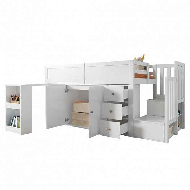 OKWISH PATROVÁ postel 90/200 cm bílá z MDF s psacím stolem a úložným prostorem