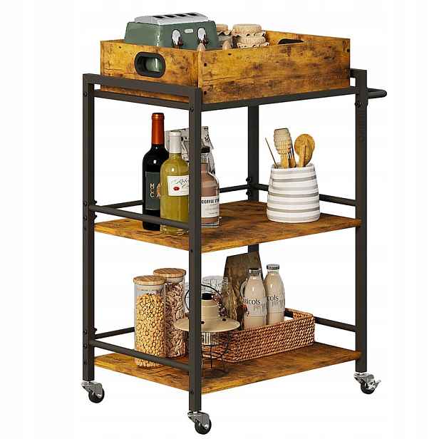 Kuchyňský Vozík, Odnímatelný Podnos, Hnědý, Retro Loft, Na Kolečkách, 86 CM