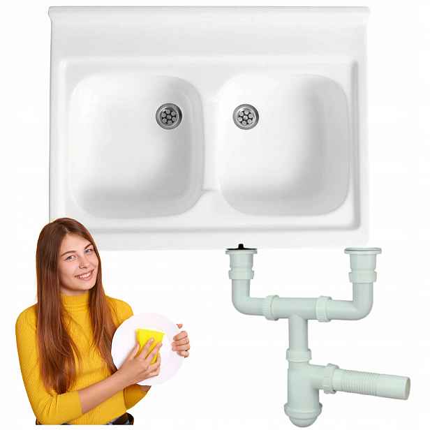 Dvoukomorový kuchyňský dřez bílý 80x60 sifon sada