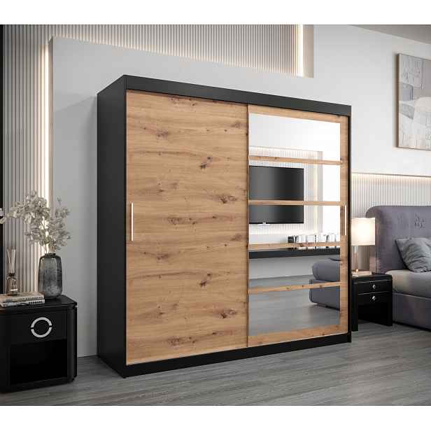 Šatní skříň DENISA - šířka 200 cm, černá / dub artisan