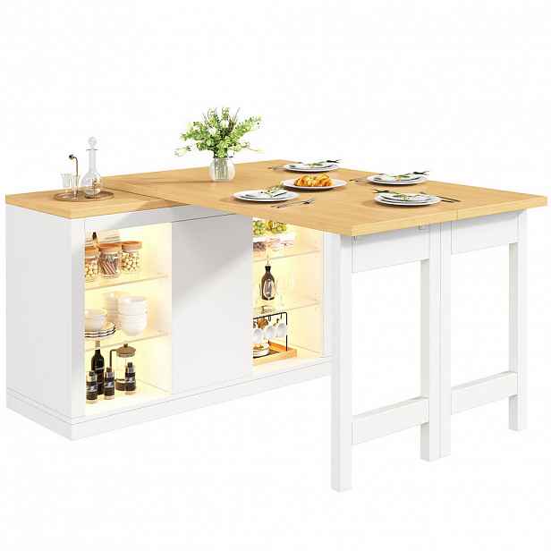 STILVORA KUCHYŇSKÝ OSTROV v bílé barvě s LED osvětlením a rozkládací deskou do kuchyně a jídelny, Š120/H40/V72 cm