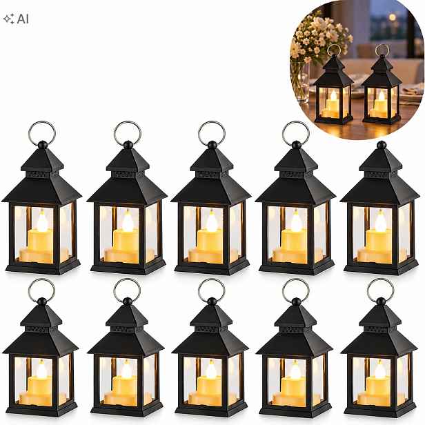 Stylové Led lampiony 10 ks Černé lucerny na baterie Blikající 14 cm