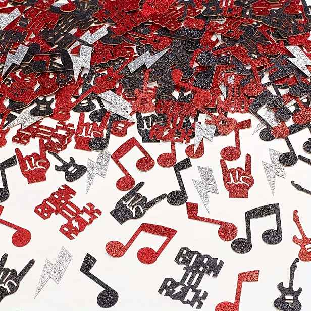 TEMU 200 ks dekorací na rockovou párty vhodných pro narozeniny, rozlučku se svobodou a bar micva - Rockové stolní posypy s červeno/černými výřezy