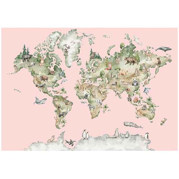 Vinylová fototapeta Dívky Mapa světa Zvířata 3D 254x184