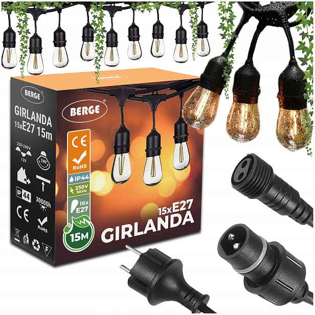 Zahradní světelná girlanda 15 m 16 x Led žárovka 1 W Venkovní vodotěsná