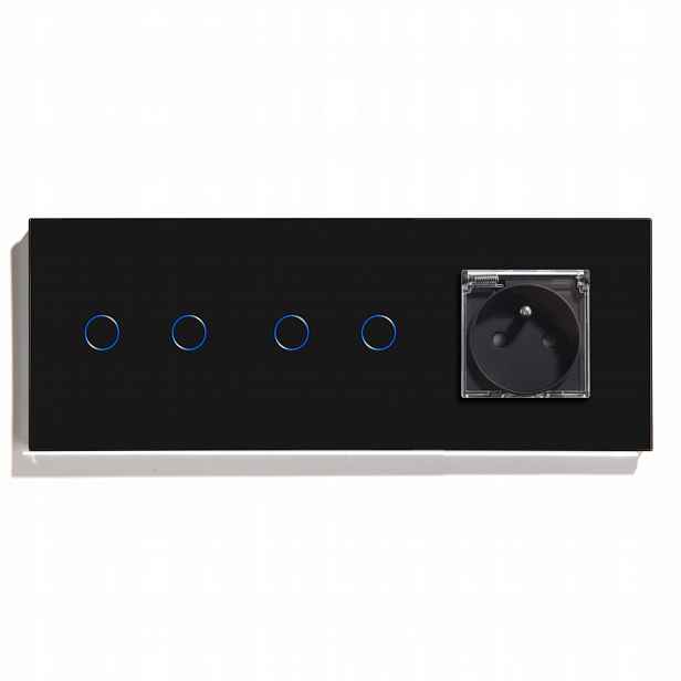 Dotykový Spínač 2+2 S Hermetickou Zásuvkou A Klapkou IP44 Skleněný