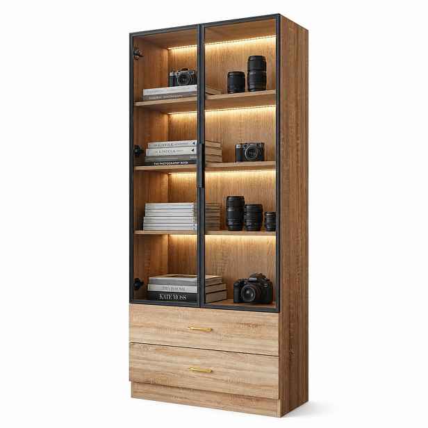 STILVORA HNĚDÁ Koupelnová SKŘÍŇ s LED osvětlením, skleněné dveře, 2 zásuvky, 2 dvířka, 75x34,5x170 cm