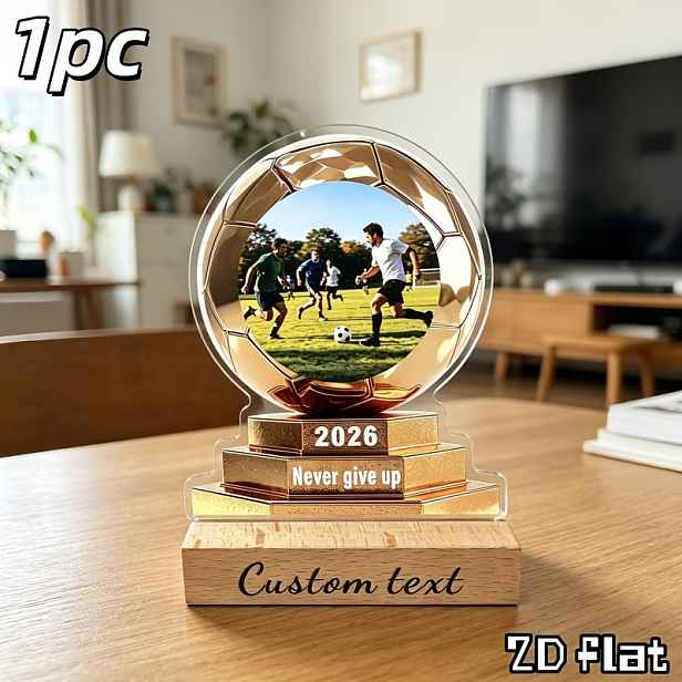 TEMU 2D plochá 1ks zlatá míčová trofej ve tvaru, akrylová ozdoba s vlastním fotem, personalizovaná fotografie hráče na hřišti a exkluzivní citát,