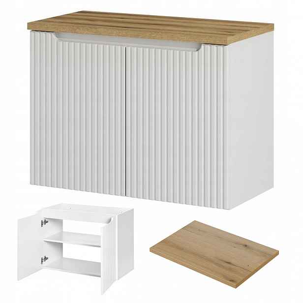 Skříňka pod umyvadlo s deskou Rilla White 80 cm, bílá, barva dub, deska
