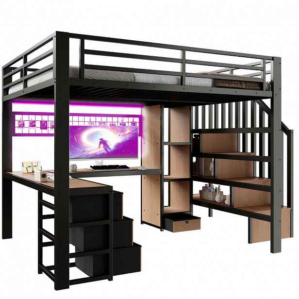 STILVORA HOCHBETT 140/200 cm in Schwarz mit 4 Schubladen, LED, Schreibtisch und Ablage Metall Kinderbett