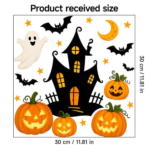 TEMU 1 ks Halloweenská dekorace na okno s strašidelného domu, ducha, dýně a skla, Měsíční černý hrad, slavnostní samolepka na okno, PVC statická