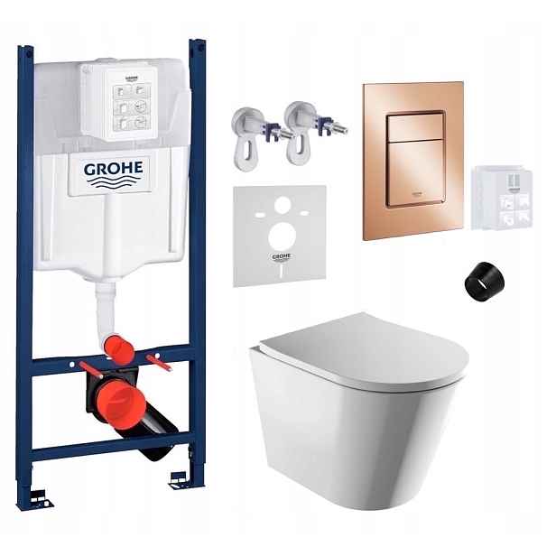 Wc stojan Grohe Rapid s mísou Wc Tampa Rimless a tlačítkem měď lesk