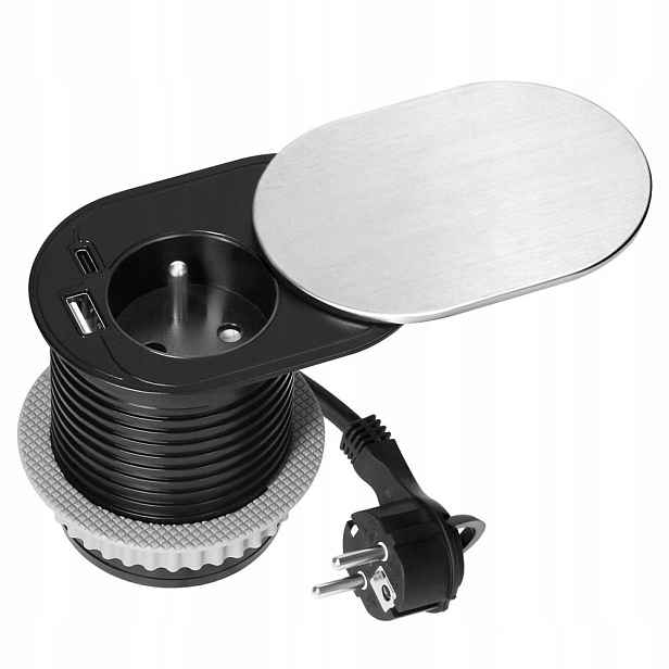 Nábytková zásuvka Ø6 cm, 1,9 m, 1x2P+Z (French), 2xUSB (typ A+c; PD20W) stříbrná