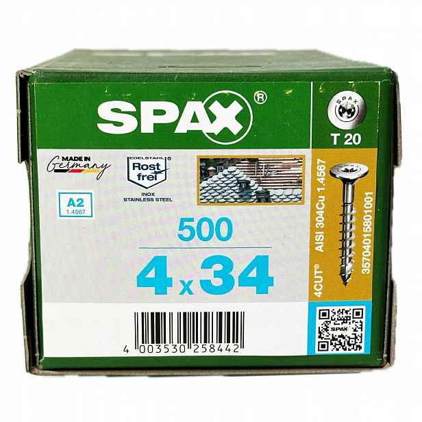Šrouby do břidlice 4x34mm Spax nerezové A2 plochá hlava 500ks