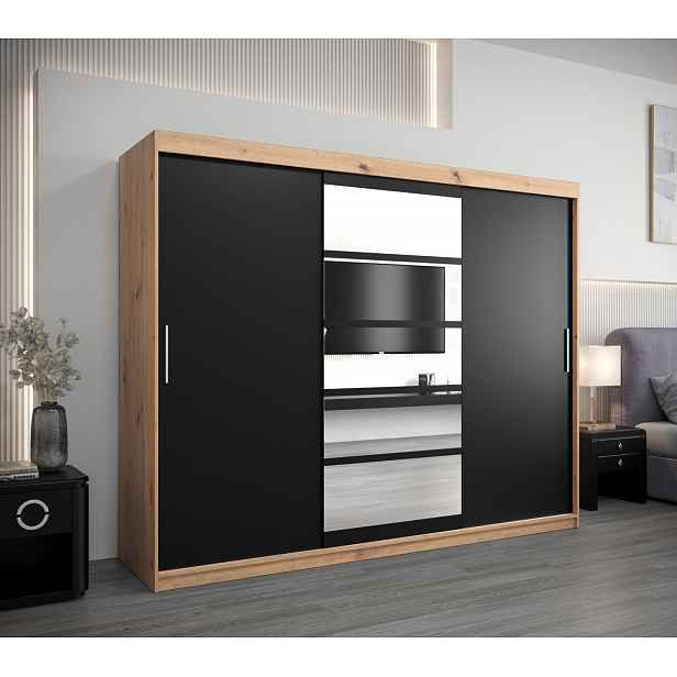 Skříň s posuvnými dveřmi LILY - šířka 250 cm, dub artisan / černá