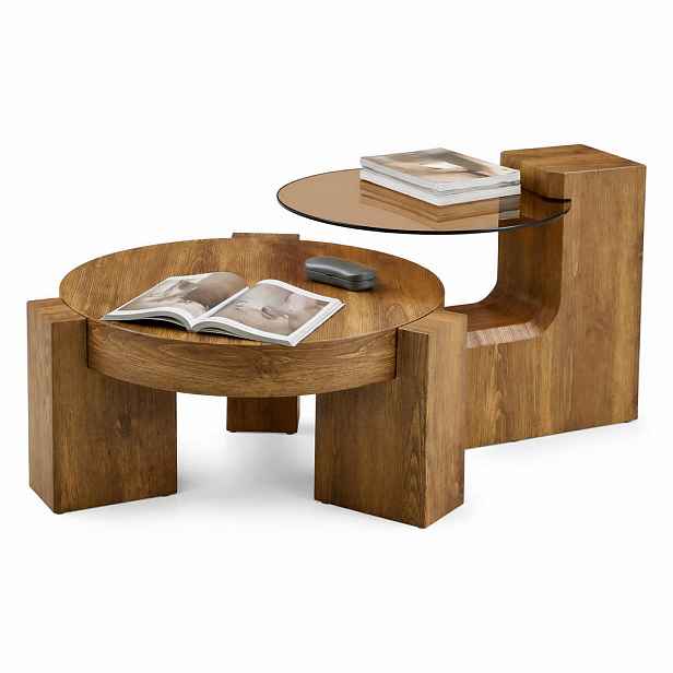 STILVORA SADA KONFERENČNÍCH STOLŮ v přírodní barvě se skleněnou deskou do obýváku 44x62x44 cm, Ø61x30 cm