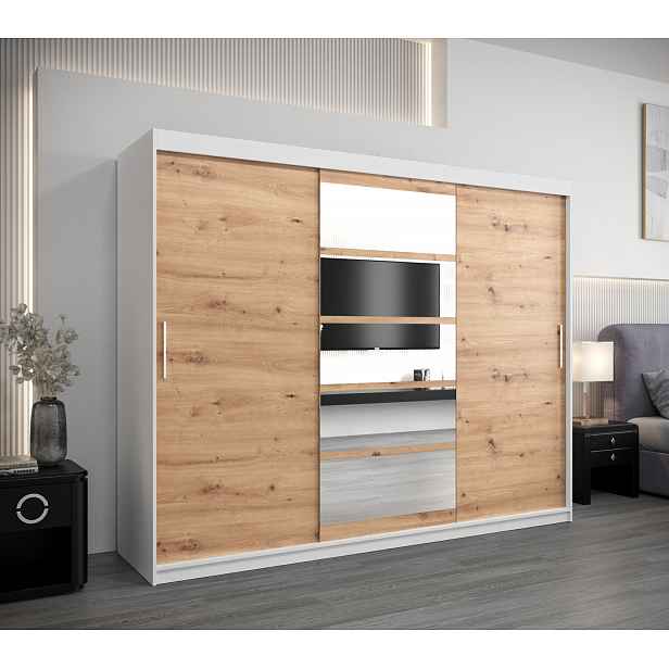 Skříň s posuvnými dveřmi LILY - šířka 250 cm, bílá / dub artisan