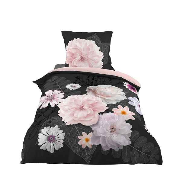 Černo-růžové bavlněné povlečení na jednolůžko 140x200 cm Floral – douceur d'intérieur