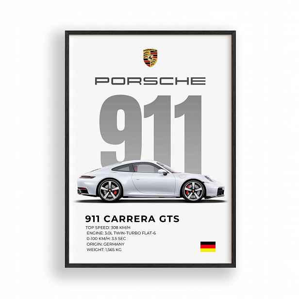 Obraz Auto Porsche 911 Gts Plakát Rámeček Dřevěný Černý 30x42 cm