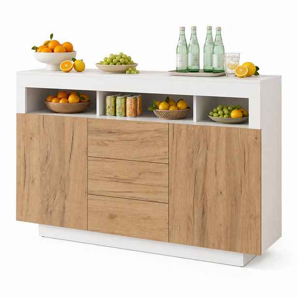 STILVORA KUCHYŇSKÁ SKŘÍŇ v přírodní/bílé barvě se 3 zásuvkami a 2 dvířky, do obývacího pokoje, 140×40×85 cm