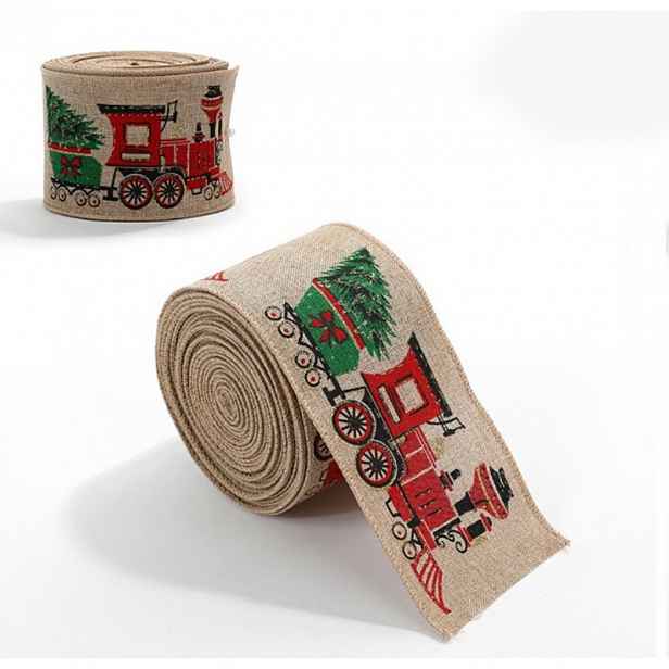 Vánoční stuha CHRISTMAS TRAIN 6,3 cm x 2 m, béžová