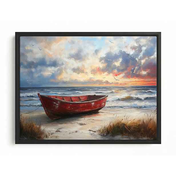 Obraz Rama American Box Červená Loď Pláž Západ Slunce Moře Léto 80x60
