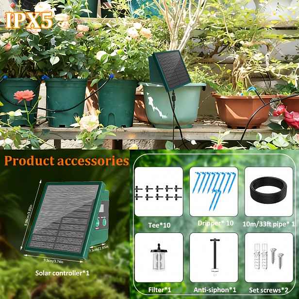 TEMU [AISITIN] Solární kapkový zavlažovací systém, IPX5 automatický zavlažovací systém pro zahradu, balkon, skleník