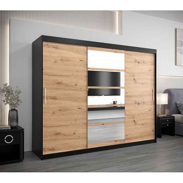 Skříň s posuvnými dveřmi LILY - šířka 250 cm, černá / dub artisan