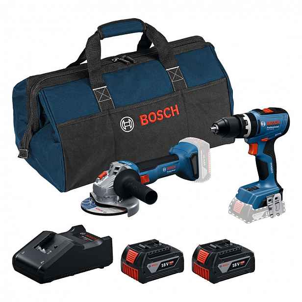 Bosch - 18V AKU sada vrtačky s příklepem GSB 18V-65 a úhlové brusky GWS 18V-8, 2x aku 4,0 Ah Li-Ion, nabíječka 0615A5008Z