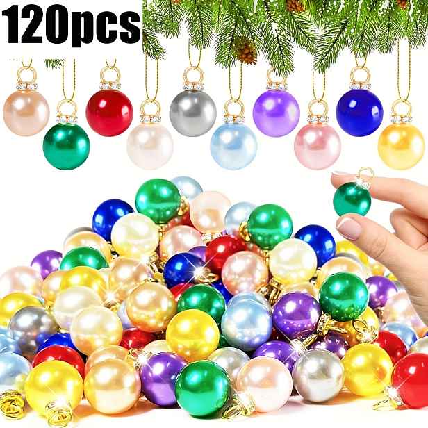 TEMU 120 ks Mini vánoční ozdobné korálky, 12 mm mikro lesklé koule, vánoční ozdoby na stromeček a přívěsky, kreativní potřeby, náhodné 10 - perleťový