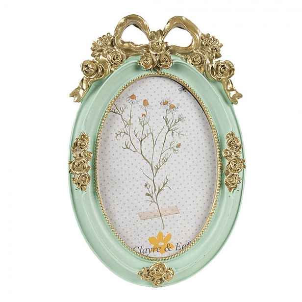 Zeleno - zlatý oválný fotorámeček s květinovým motivem - 15*3*21 cm / 10*15 cm Clayre & Eef