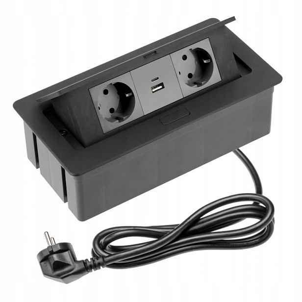 Lišta Prodlužovací Stolní Zapuštěná 2x Usb A+c Schuko Kabel Černá Gtv