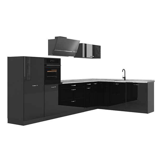 Vicco ROHOVÁ KUCHYŇ R-Line, Černý vysoký lesk/Antracit, 347 x cm pracovná doska Mramor