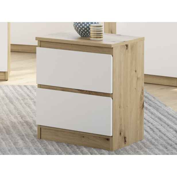 Skříňka/noční stolek Carlos 40 cm, dub artisan/bílá, 2 zásuvky