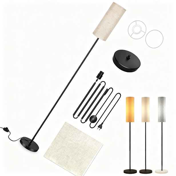 Stojací Lampa Podlahová Lampa S Žárovkou E27 Noční Lampa Lněné Stínidlo