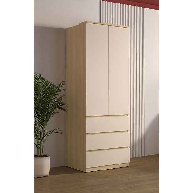 Šatní skříň 80 cm GAMRIA se šuplíky - dub / béžová