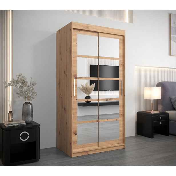 Šatní skříň se zrcadly ALENA - šířka 100 cm, dub artisan
