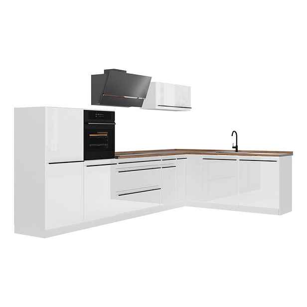 Vicco ROHOVÁ KUCHYŇ R-Line, Bílá vysoký lesk/Bílá, 347 x cm pracovná doska Dub Goldkraft