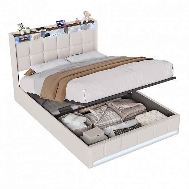 SHOPENTRA ČALOUNĚNÁ postel 140x190cm béžová látka, box na spaní s plynovým ovládáním, LED, USB