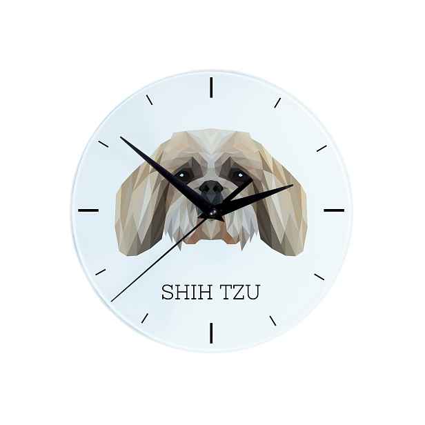 Shih Tzu – skleněný závěsný nástěnný hodinový stroj s geometrickým psem