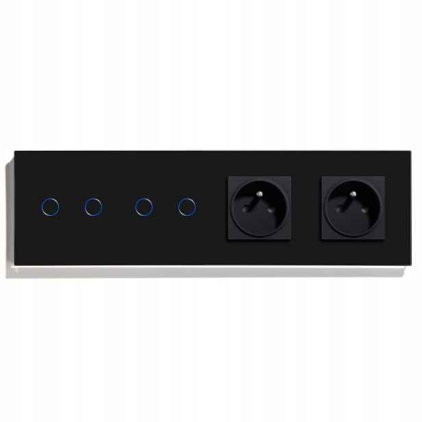 Čtyřnásobný Dotykový Spínač 2+2, Dvě Elektrické Zásuvky, Skleněný Vypínač