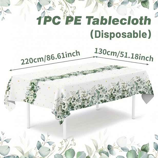 TEMU 1 ks, Zelený jednorázový PE ubrus s eukalyptových listů, 220*130 cm, Dekorace na svatbu, rozlučku se svobodou, oslavu narození dítěte, dekorace