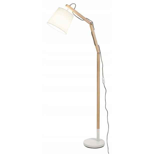 Bílá podlahová lampa Thomas skandinávská vedle křesla v obývacím pokoji Rabalux