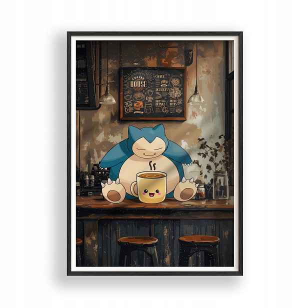 Obraz Pokémon Snorlax Káva Plakát Rámeček Dřevěný Černý 30x42 cm