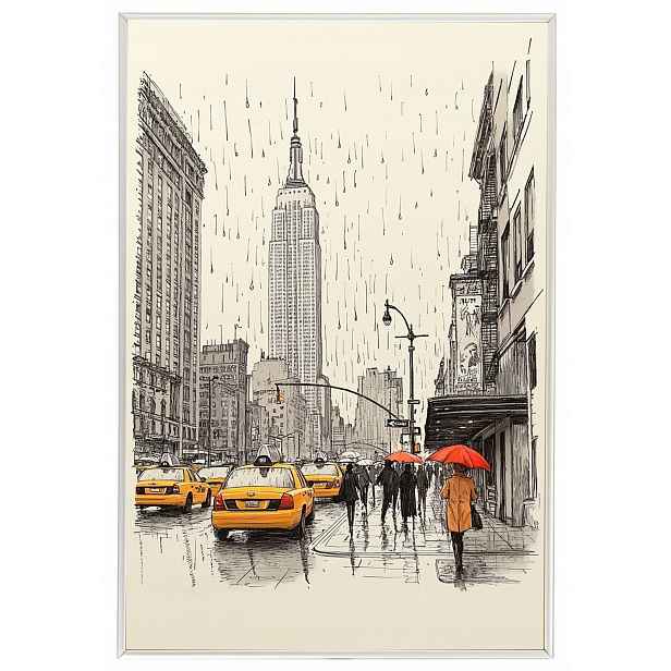Plakát Rámeček Aluminium Grafika Město New York Ulice Taxi Déšť 40x60
