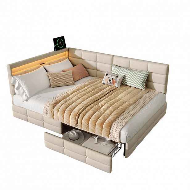SHOPENTRA ČALOUNĚNÁ postel 140/190 cm béžová, lněná, L-tvarovaná, LED, USB, zásuvky