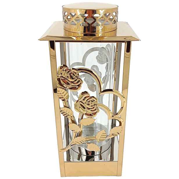 Kovová Lucerna Zlatá Se Skleněnou Vložkou Srdce Růže 33 CM, Elegantní
